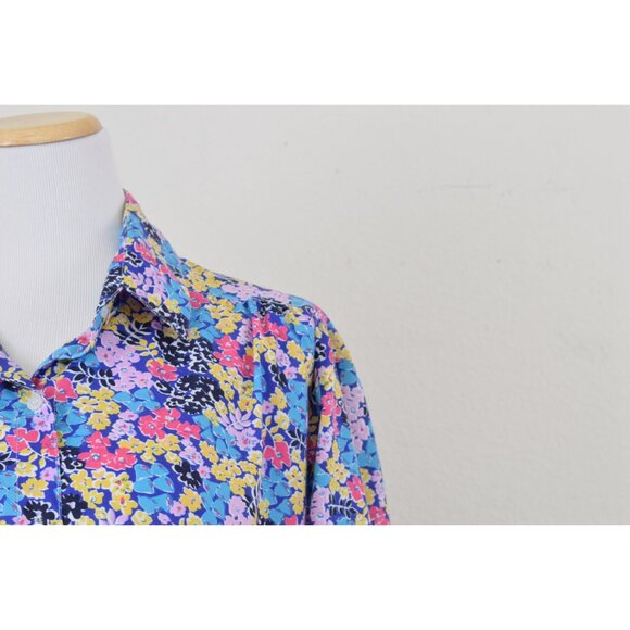 Vintage 80s Poly/Cotton Blue Floral Print Blouse |‎ size Large - Picture 5 of 10